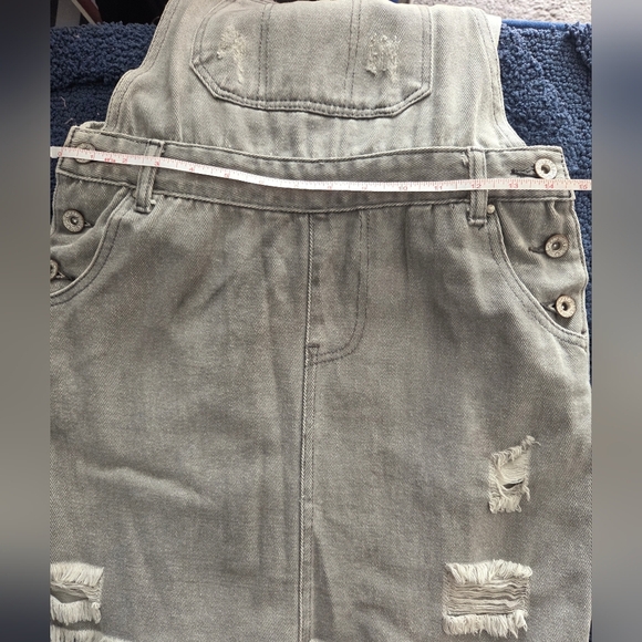 POL Gray Distressed Denim Overall Skirt Jumper Dress Small Frayed Hem Casual - Picture 8 of 12